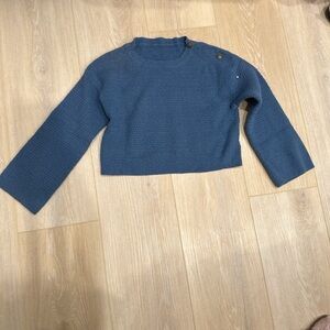 Blue Crew Neck Cropped Sweater with Long Sleeves